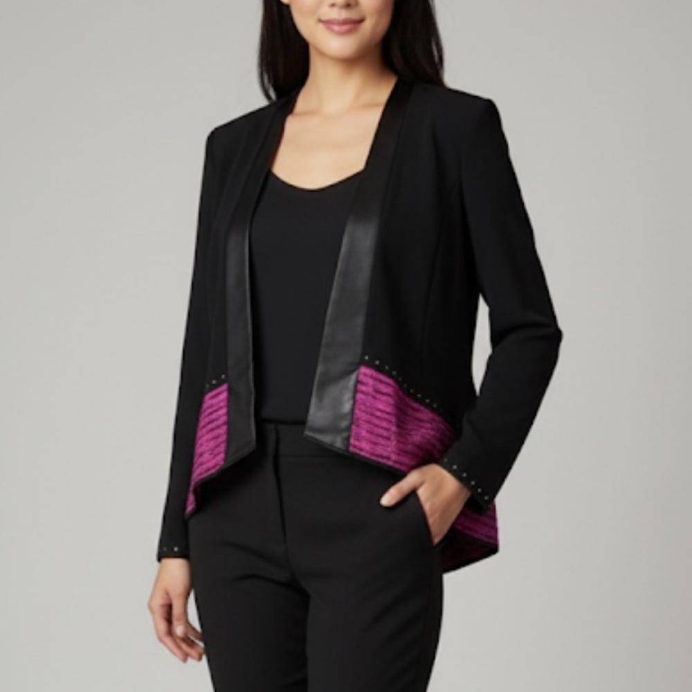 Ming Wang Knit Jacket Cardigan Black Purple‎ Faux Leather Trim PS Petite S